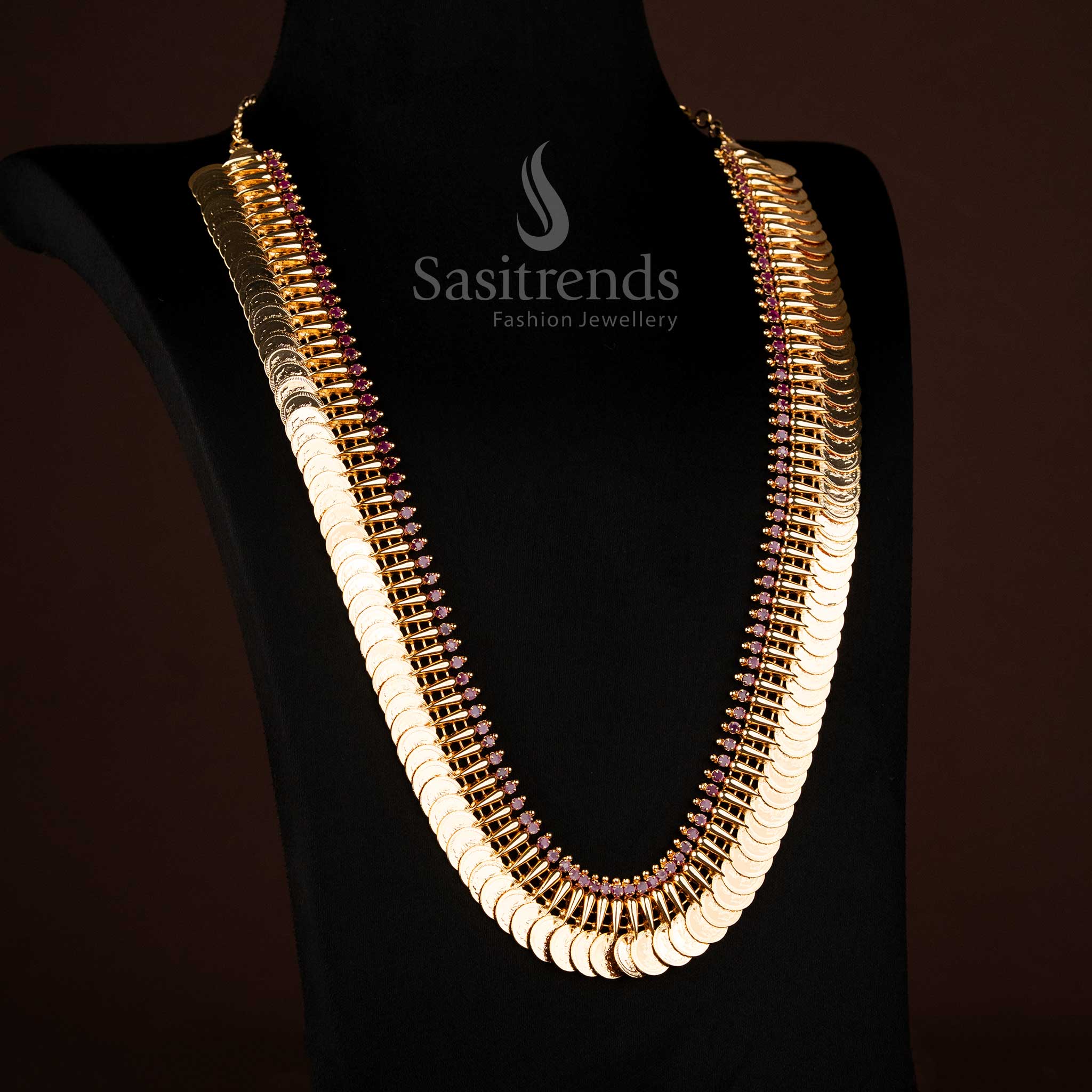 Kerala Traditional Guaranteed 24K Micro Gold Plated Ruby AD Stone Mullapoo Lakshmi Coin Long Necklace by Sasitrends
