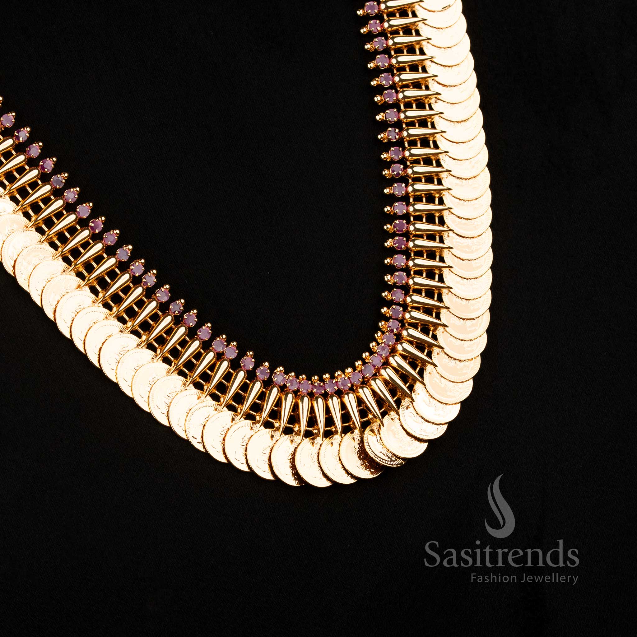 Kerala Traditional Micro Gold Plated Ruby AD Stone Mullapoo Lakshmi Coin Long Necklace , Look Like Real Gold - Sasitrends