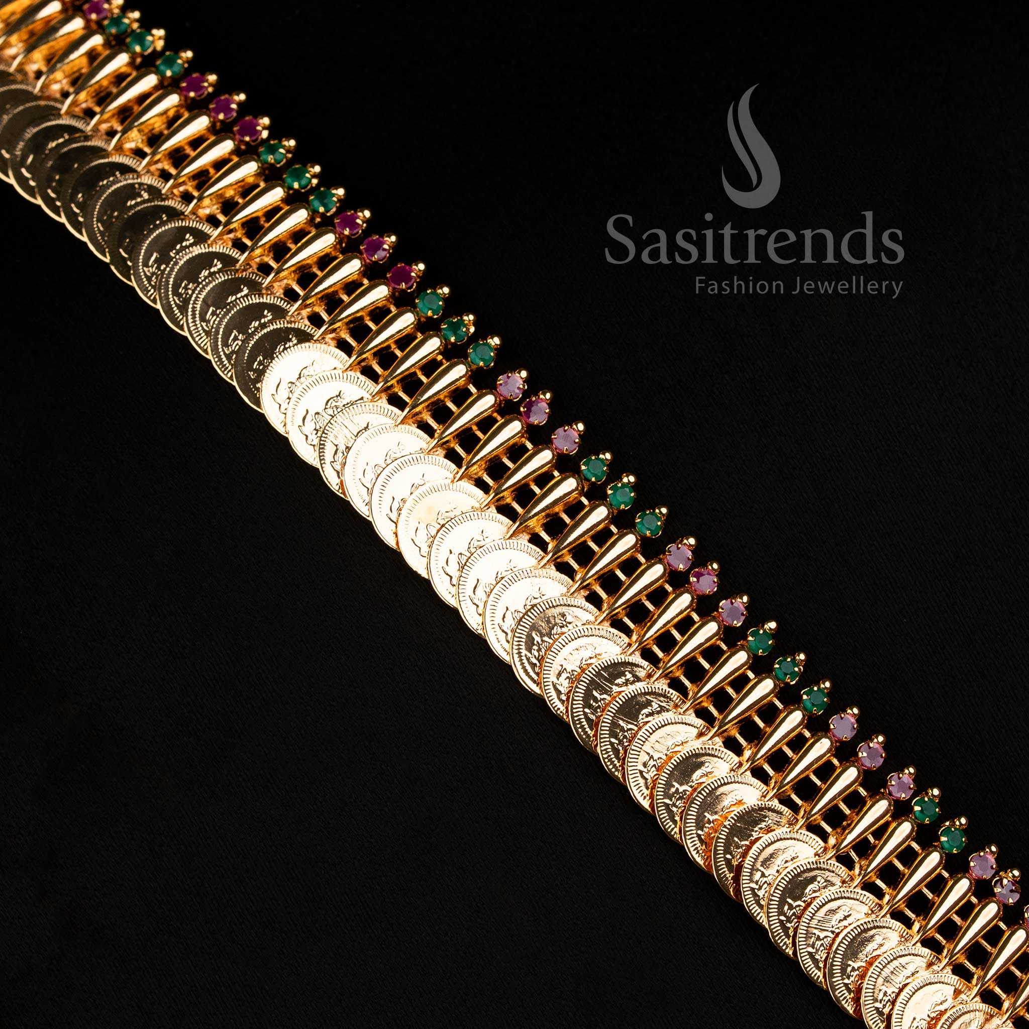 Guaranteed Kerala Traditional one gram Micro Gold Plated Ruby Green AD Stone Mullapoo Lakshmi Coin Long Necklace by Sasitrends