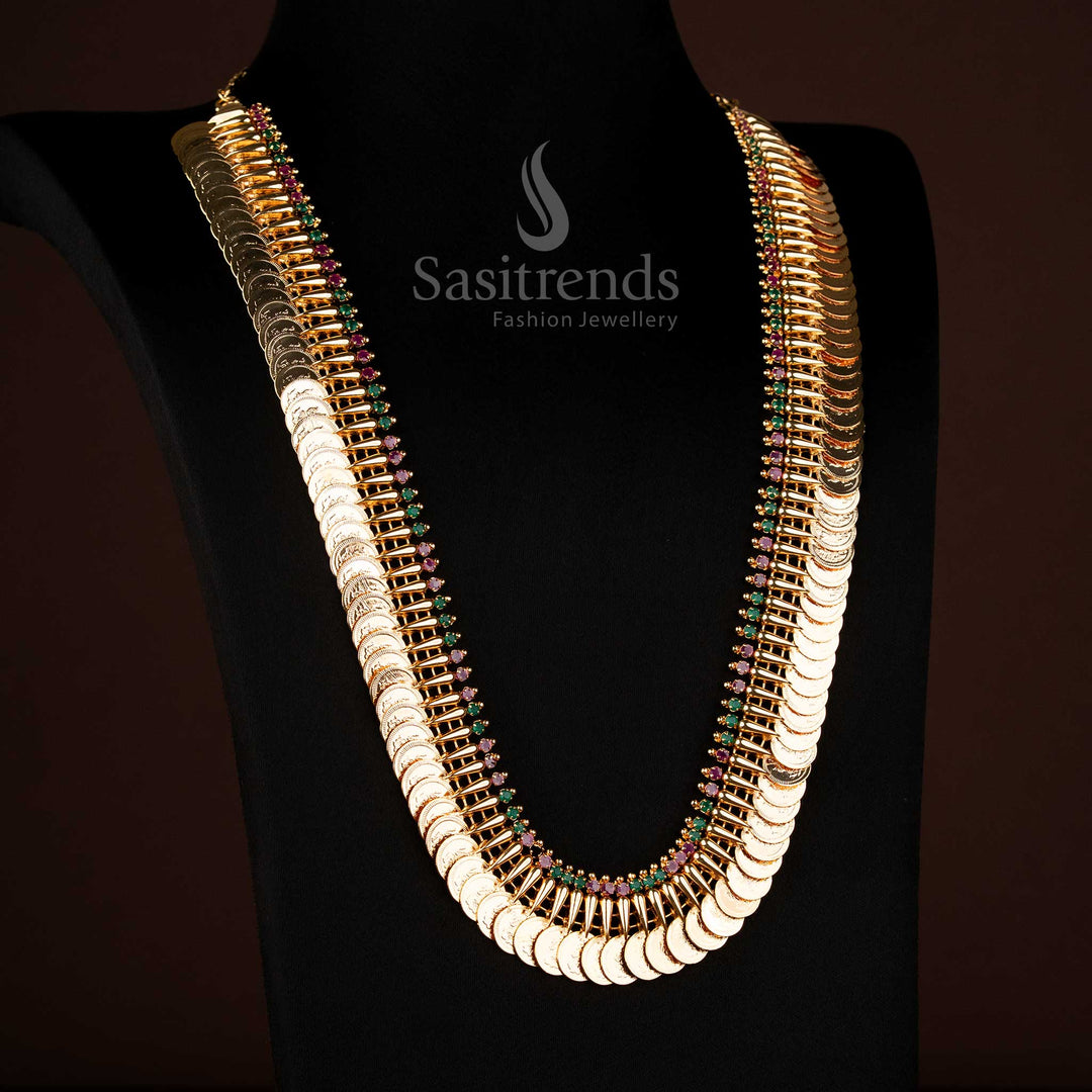 Kerala Traditional Micro Gold Plated Ruby Green AD Stone Mullapoo Lakshmi Coin Long Necklace by Sasitrends