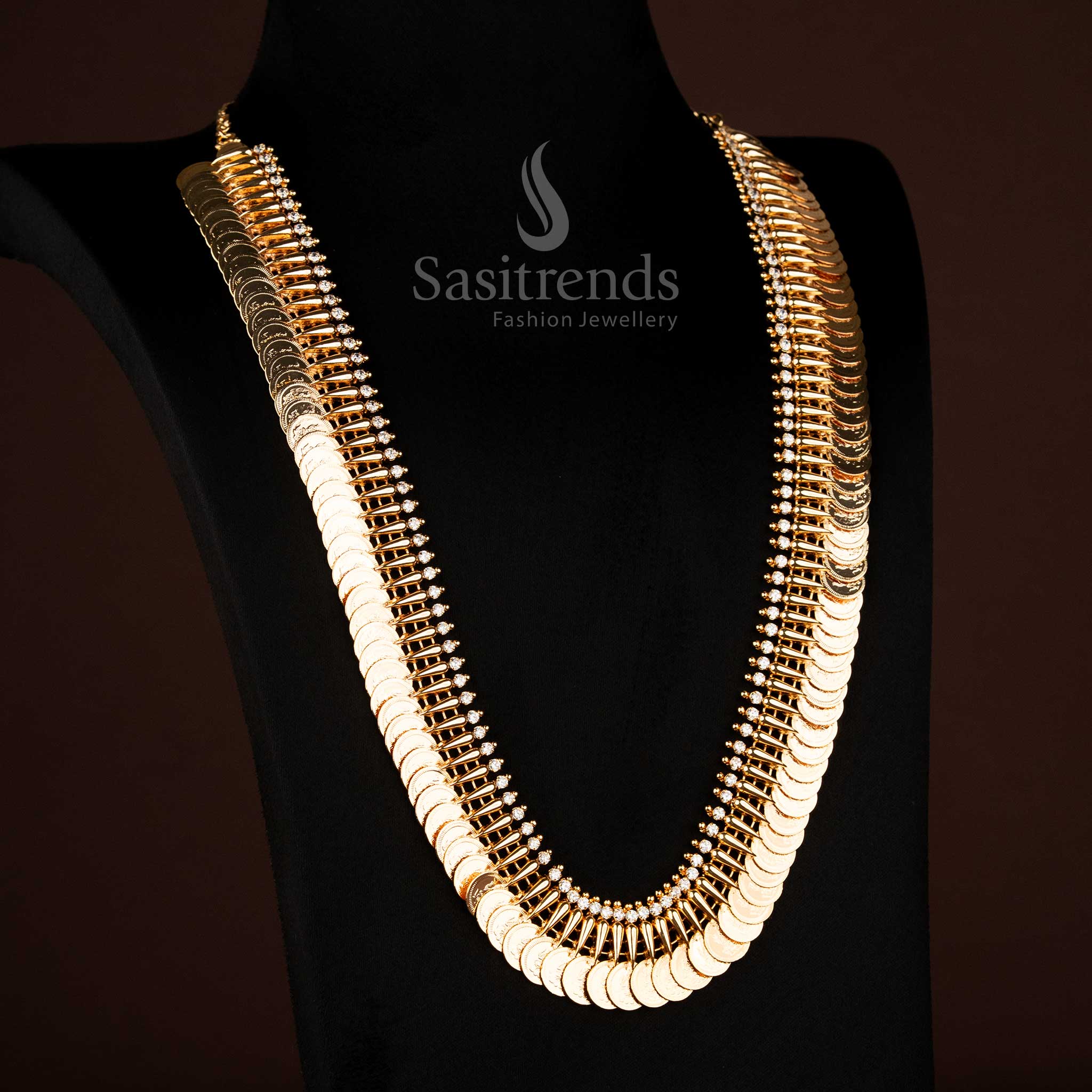 Kerala Traditional Micro Gold Plated White AD Stone Mullapoo Lakshmi Coin Long Necklace , Onam Jewellery - Sasitrends