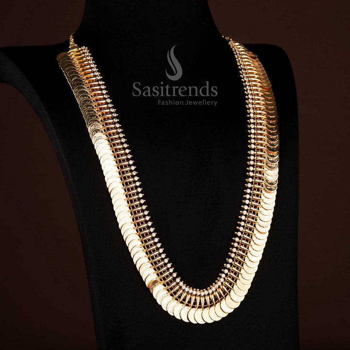 Kerala Traditional Micro Gold Plated White AD Stone Mullapoo Lakshmi Coin Long Necklace , Onam Jewellery - Sasitrends