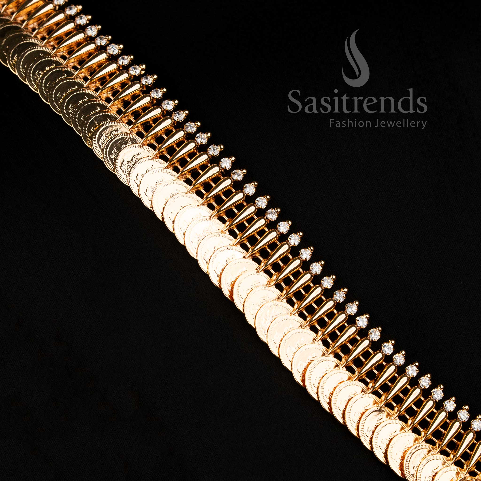 Kerala Traditional One Gram Micro Gold Plated AD Stone Guaranteed Mullapoo Lakshmi Coin Long Necklace - Sasitrends