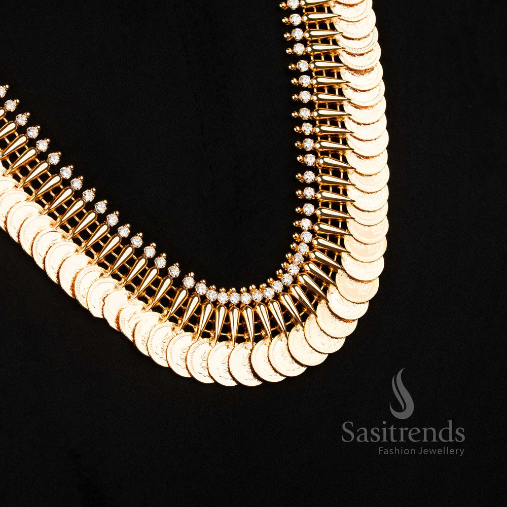 Guaranteed Kerala Traditional Micro Gold Plated White AD Stone Mullapoo Lakshmi Coin Long Necklace by Sasitrends