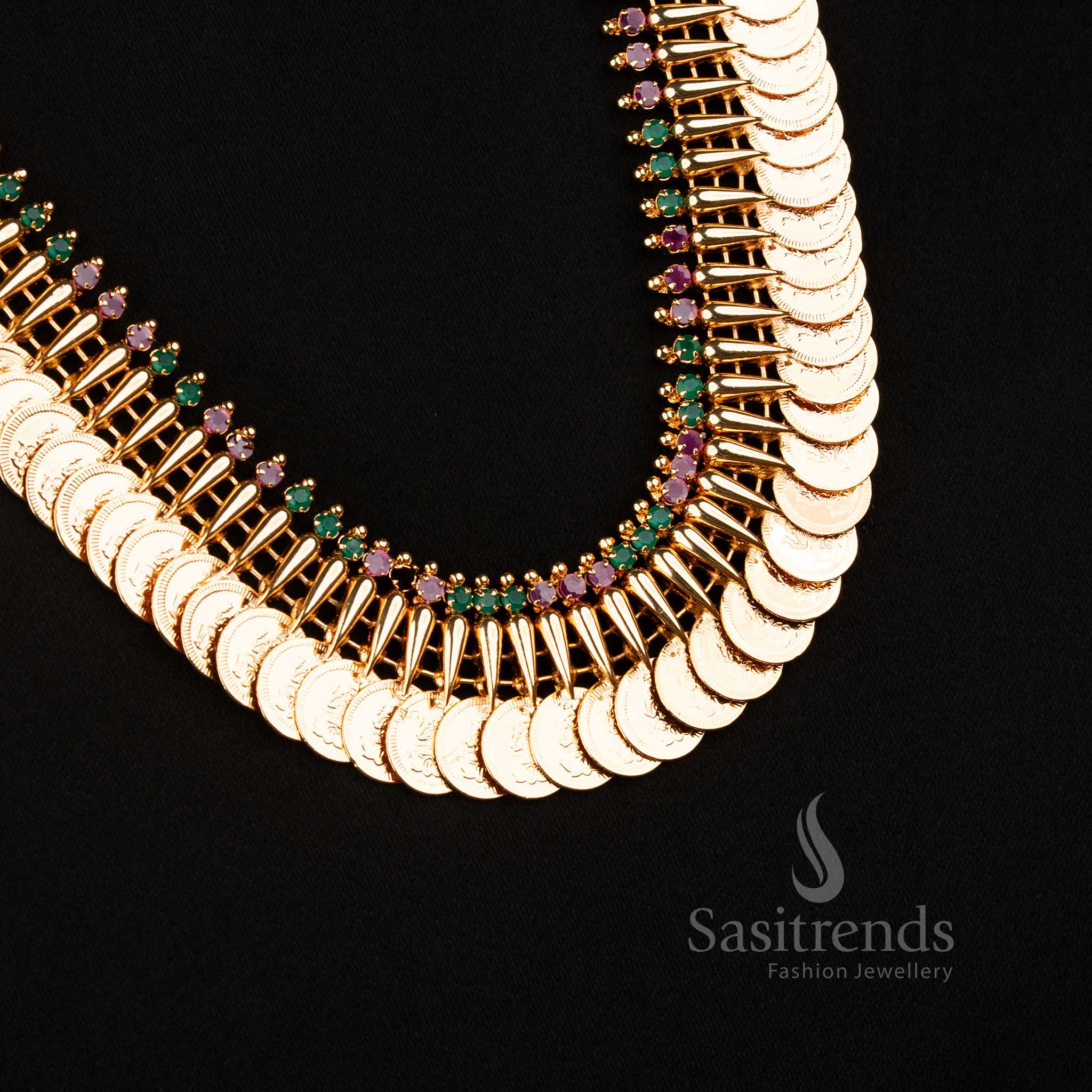 Kerala Traditional Micro Gold Plated Ruby Green AD Stone Mullapoo Lakshmi Coin Long Necklace , Real Gold Look Sasitrends
