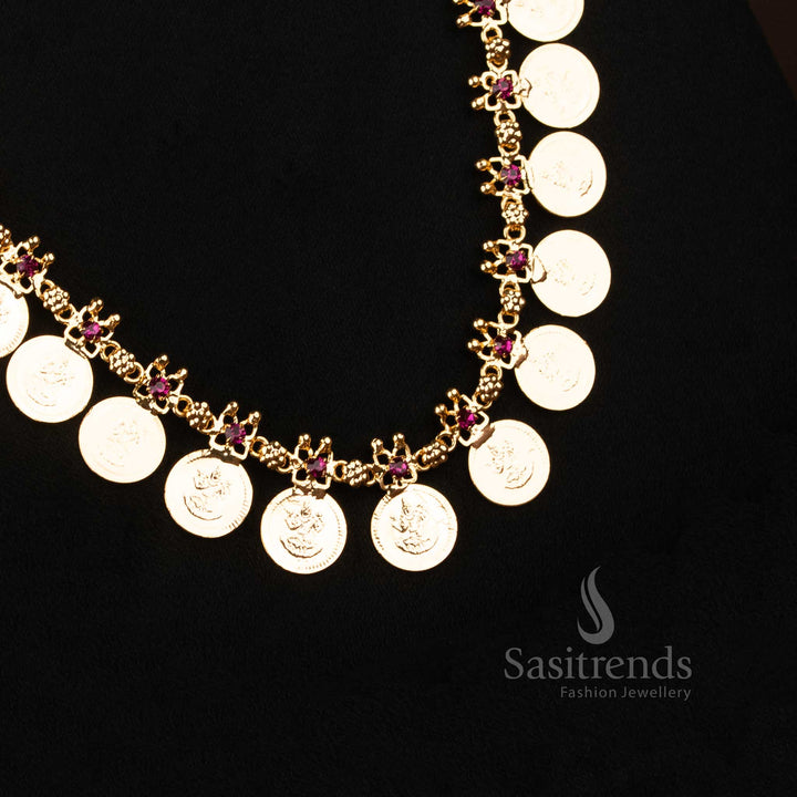 Guaranteed One gram micro gold plated  Ruby AD Stone Lakshmi coin long necklace styled for traditional occasions with the richness of real gold - Sasitrends