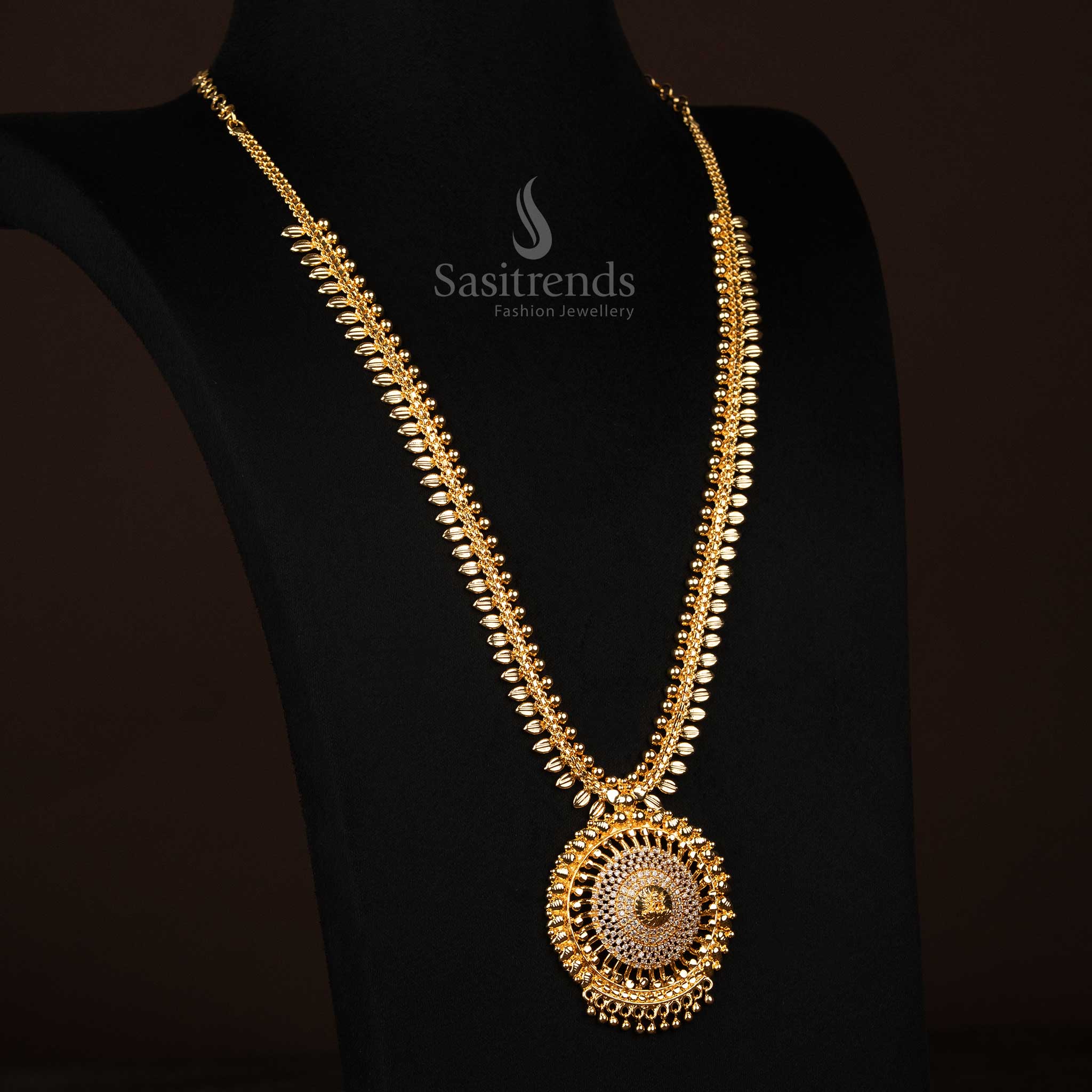 Pure white AD stones with pearl highlights on a long micro gold-plated haram, featuring divine Lakshmi and classic leaf styling – Regal jewellery for divine presence – Sasitrends