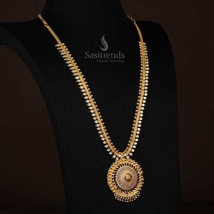 Pure white AD stones with pearl highlights on a long micro gold-plated haram, featuring divine Lakshmi and classic leaf styling – Regal jewellery for divine presence – Sasitrends