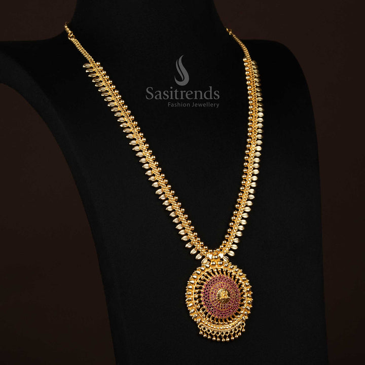 Luxurious ruby tone haram necklace with Lakshmi centre, adorned with leaf craftsmanship and American Diamond brilliance – Perfect for divine bridal looks – Sasitrends

