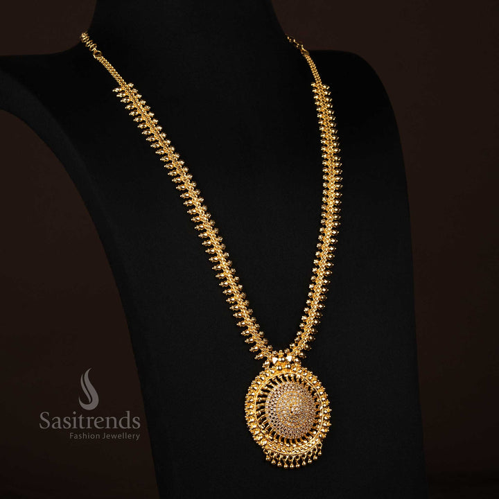 Gorgeous Micro Gold Plated One Gram Traditional Long Necklace with Intricate Round Spiral Pendant and Beaded Chain Design – Guaranteed, Using 24 Carat Pure Gold, Look Like Real Gold - Sasitrends