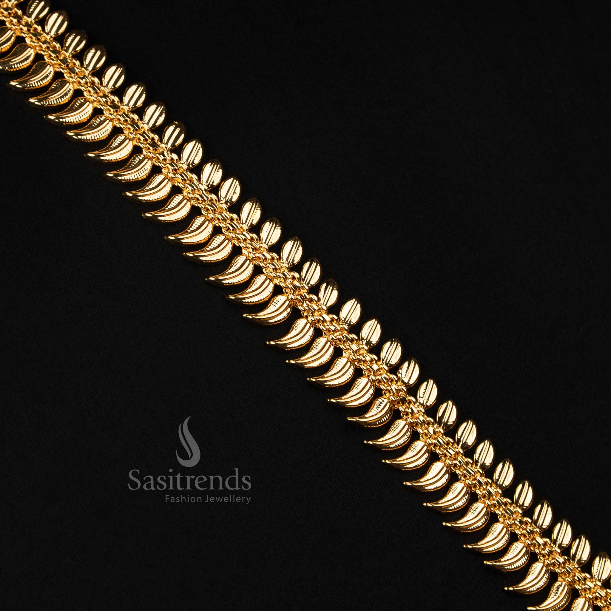 Long haram necklace in multicolour sparkle, flaunting a divine peacock pendant, artistic leaf accents, and fine AD stones – Drenched in one gram gold brilliance – Sasitrends