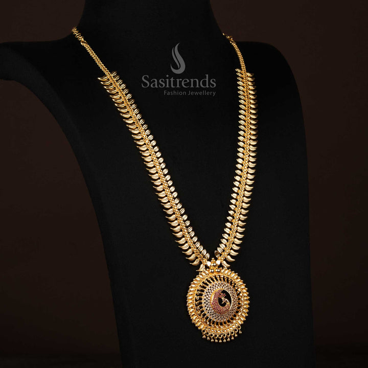 White-ruby long temple necklace with radiant peacock pendant, intricate leaf craftsmanship, and a glossy one gram gold polish – A celestial charm for bridal and festive grace – Sasitrends