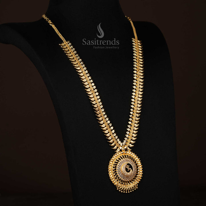 Pure white stone adorned long necklace with intricate leaf elements and majestic peacock pendant – One gram micro gold polish enhances its traditional splendour – Sasitrends