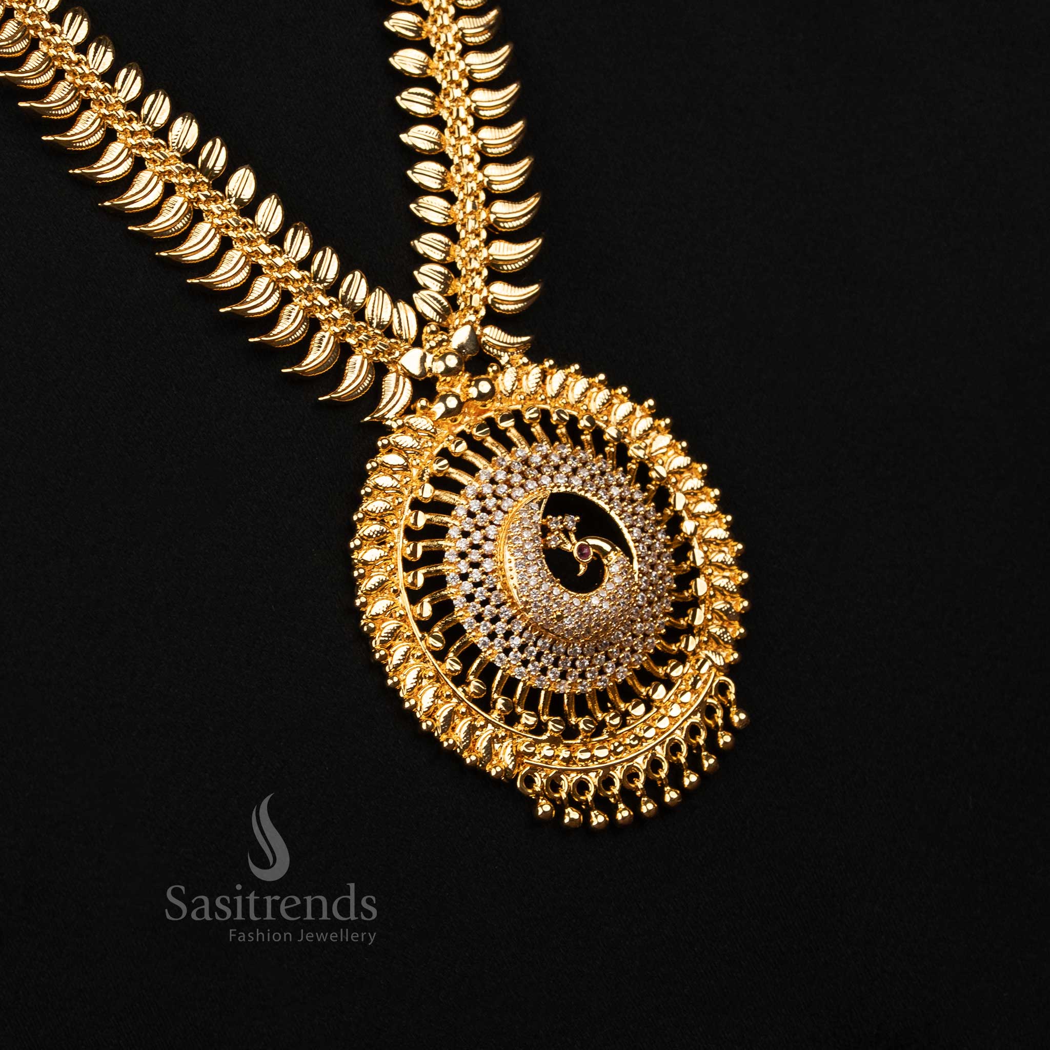 White long temple necklace featuring a frosty sparkle of AD stones, detailed leaf and peacock design, and elegant micro gold finish – A must-have for timeless ethnic looks – Sasitrends