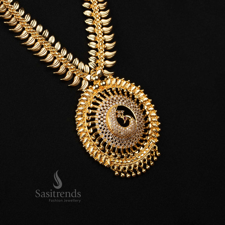 White long temple necklace featuring a frosty sparkle of AD stones, detailed leaf and peacock design, and elegant micro gold finish – A must-have for timeless ethnic looks – Sasitrends