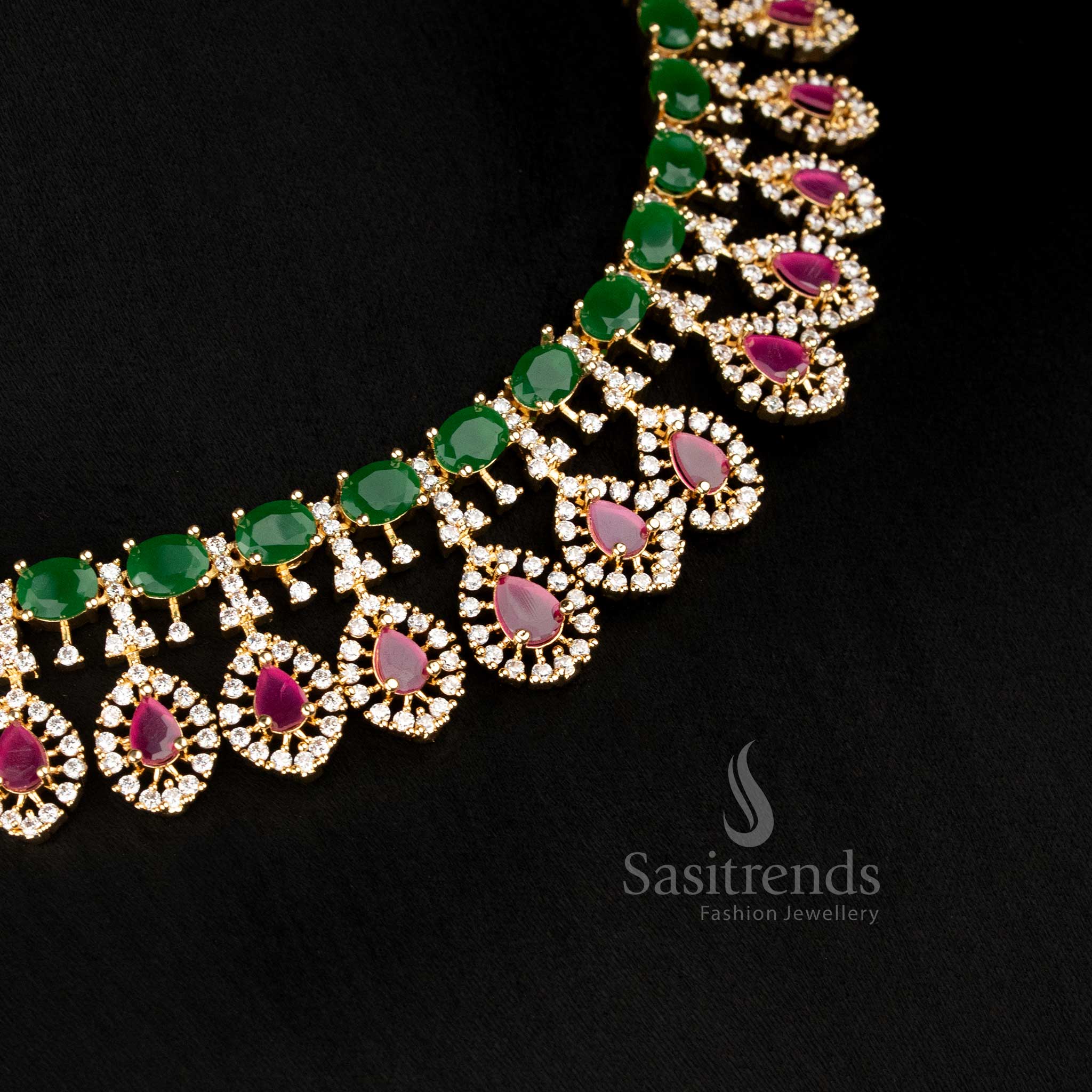 Engagement wear American diamond micro gold plated party ruby green necklace set - Sasitrends