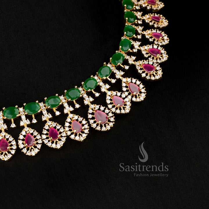 Engagement wear American diamond micro gold plated party ruby green necklace set - Sasitrends