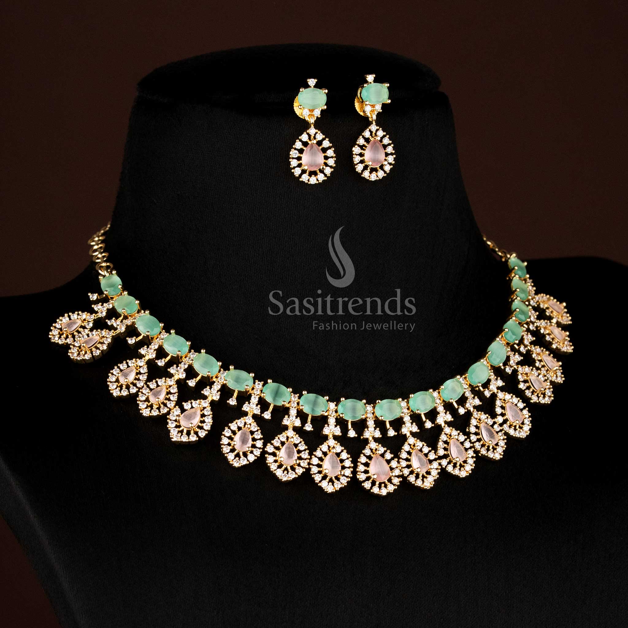 American diamond micro gold plated party wear pink mint necklace set - Sasitrends