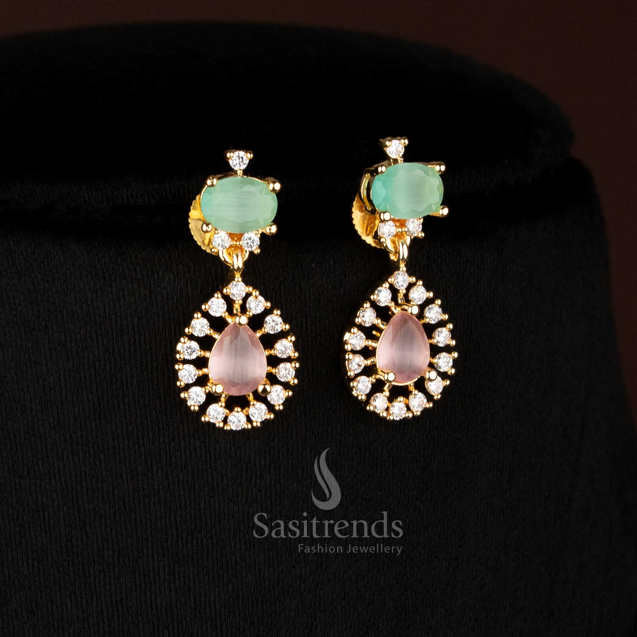 Gorgeous American diamond 24k micro gold plated party wear pink mint necklace set - Sasitrends