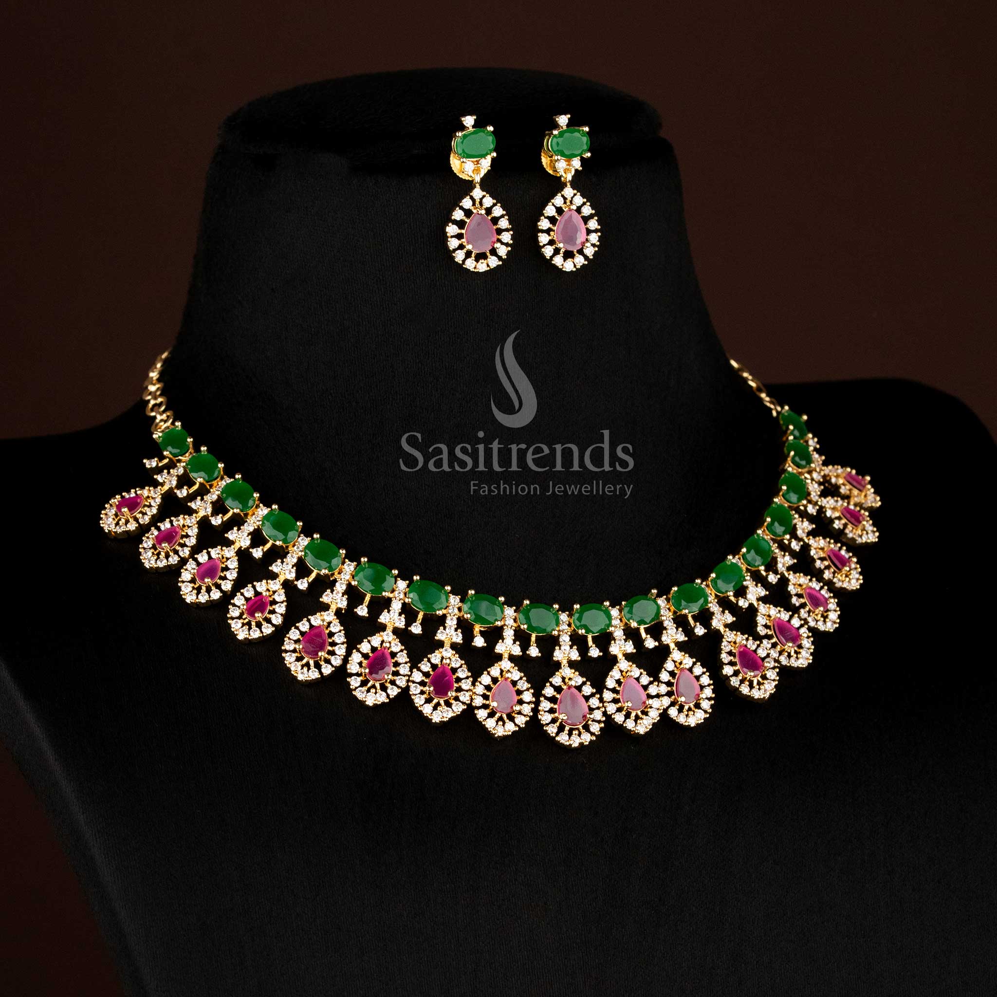 Stunning  American diamond micro gold plated party ruby green teardrop necklace set - Sasitrends