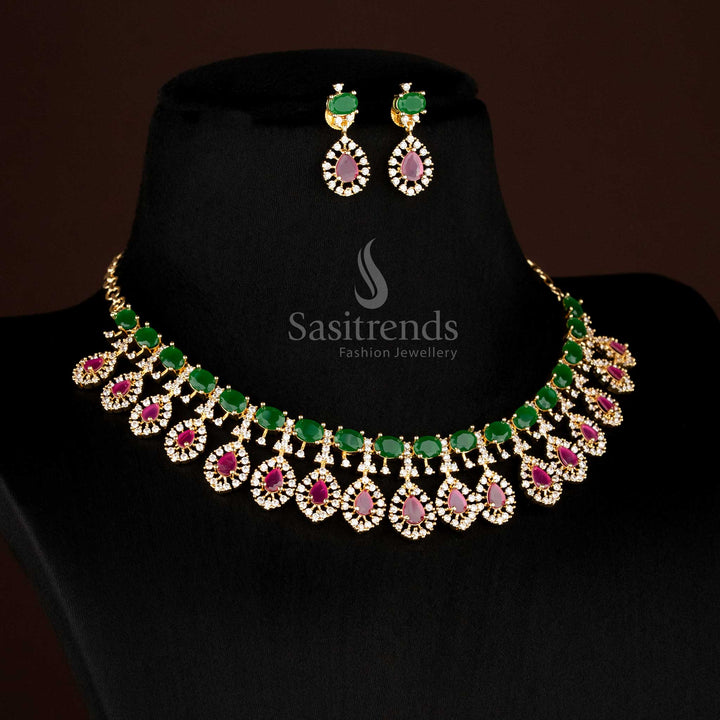 Stunning  American diamond micro gold plated party ruby green teardrop necklace set - Sasitrends