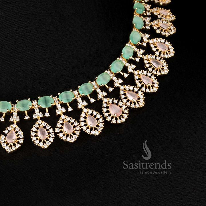 American diamond 24k micro gold plated party ruby green teardrop necklace set - Sasitrends