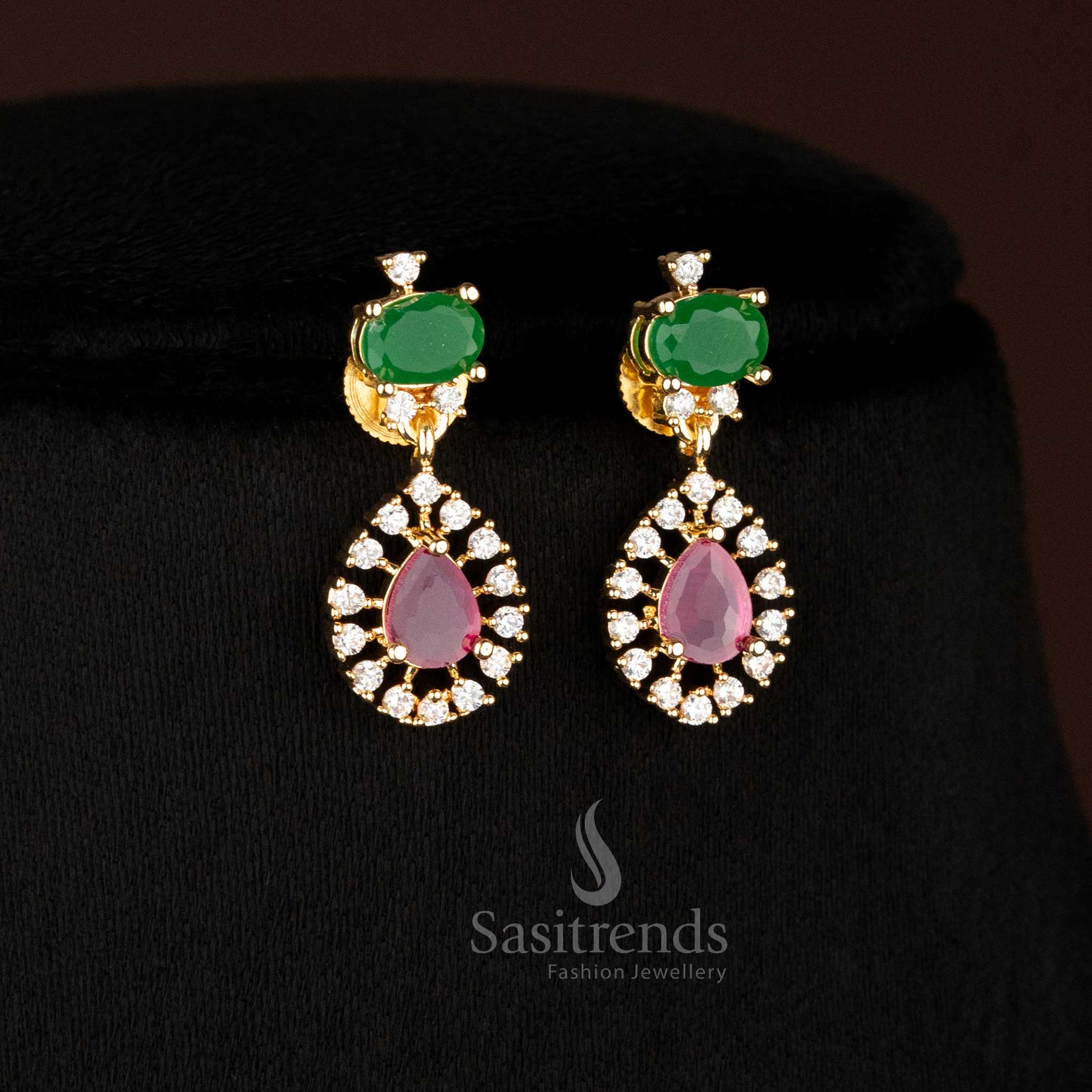 Festive wear American diamond micro gold plated party ruby green necklace set - Sasitrends