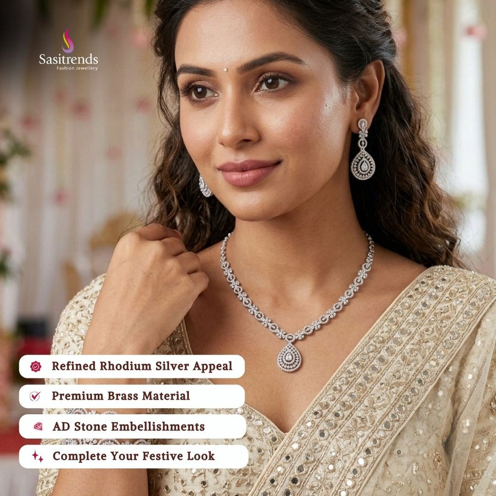 Engagement wear rhodium silver plated AD stone necklace set - Sasitrends