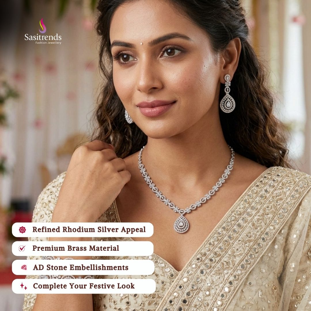 Engagement wear rhodium silver plated AD stone necklace set - Sasitrends