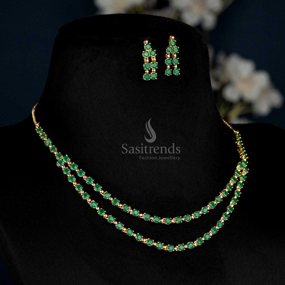 Grand Micro Gold Plated Two Layer American Diamond Necklace With Green Crystal Work, Designed For Party And Wedding Styles With A Regal Touch – Sasitrends