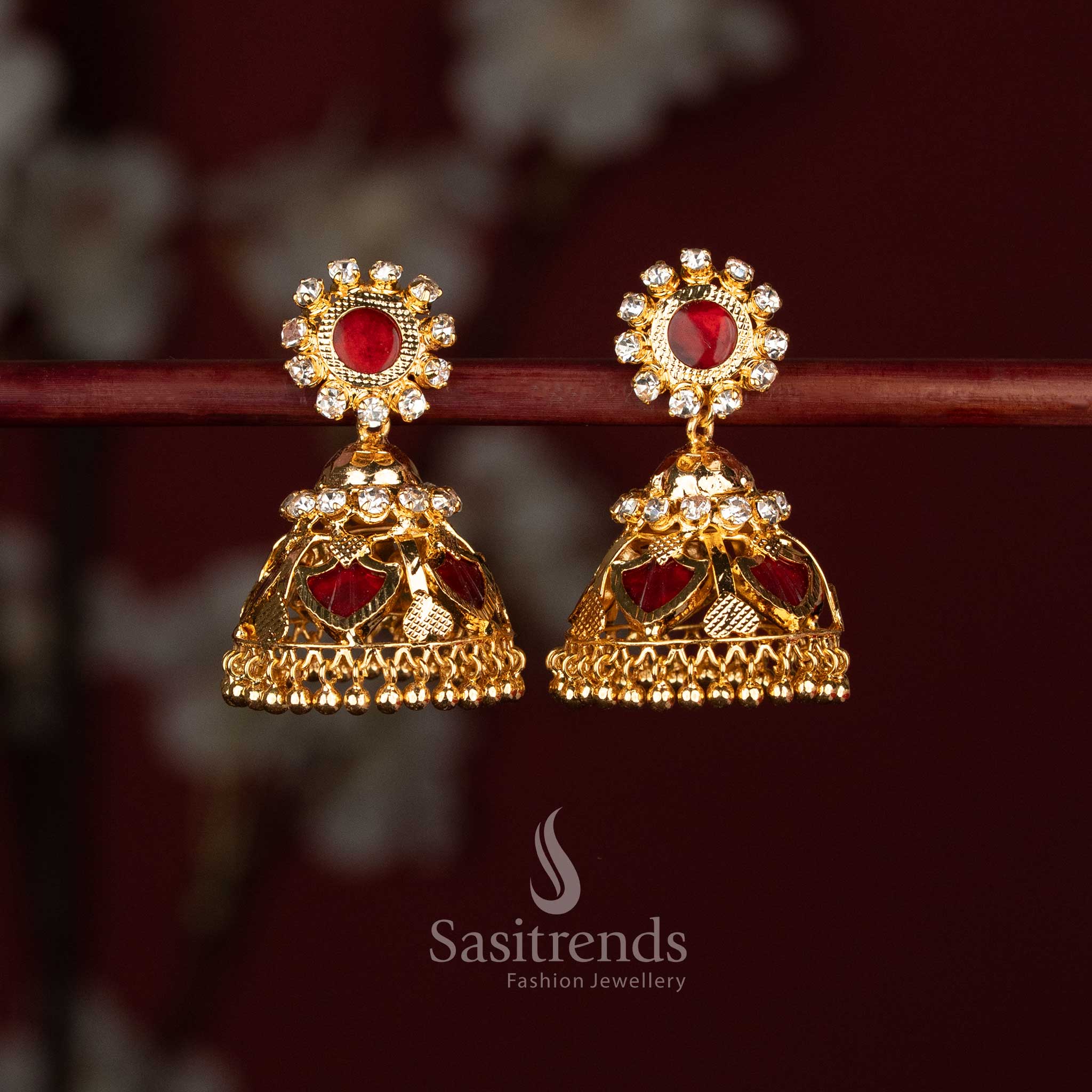 Guaranteed 24k micro gold plated red white kerala 5 katta real gold look alike jhumka earrings sasitrends 