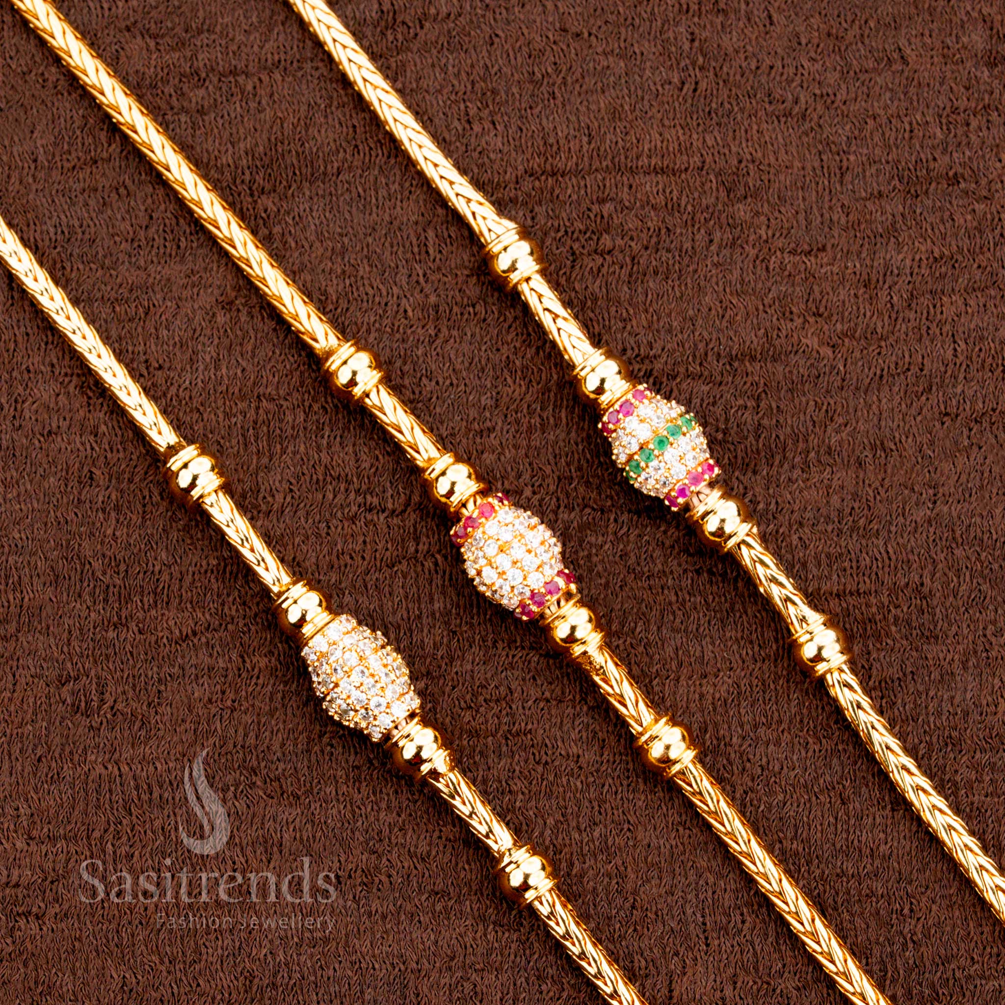Vibrant multi-color Mugappu chain with oval ball pattern and shimmering AD stone center, micro gold finish for saree wear – sasitrends