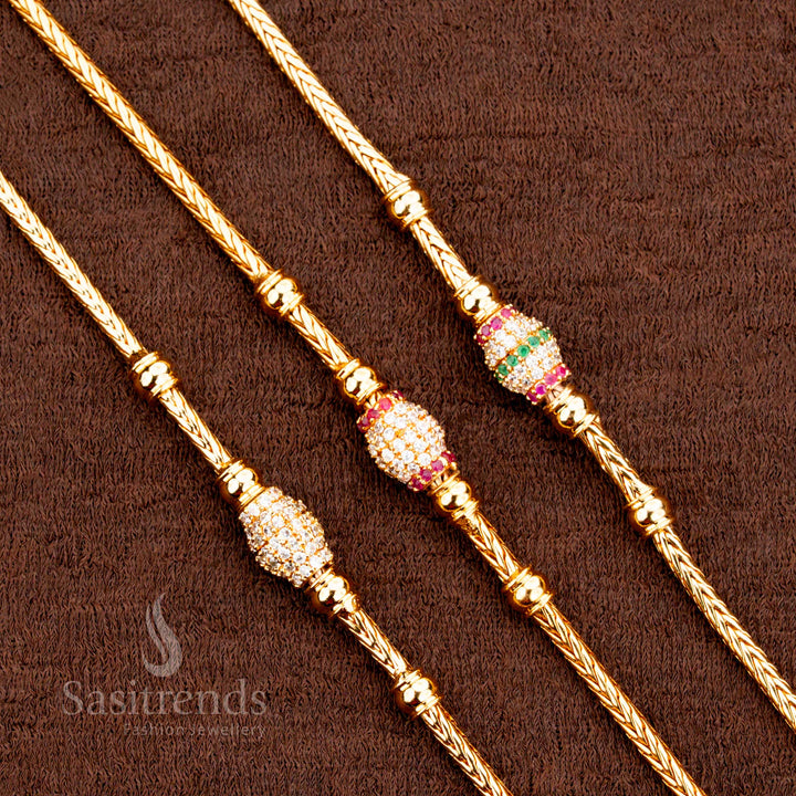 Vibrant multi-color Mugappu chain with oval ball pattern and shimmering AD stone center, micro gold finish for saree wear – sasitrends