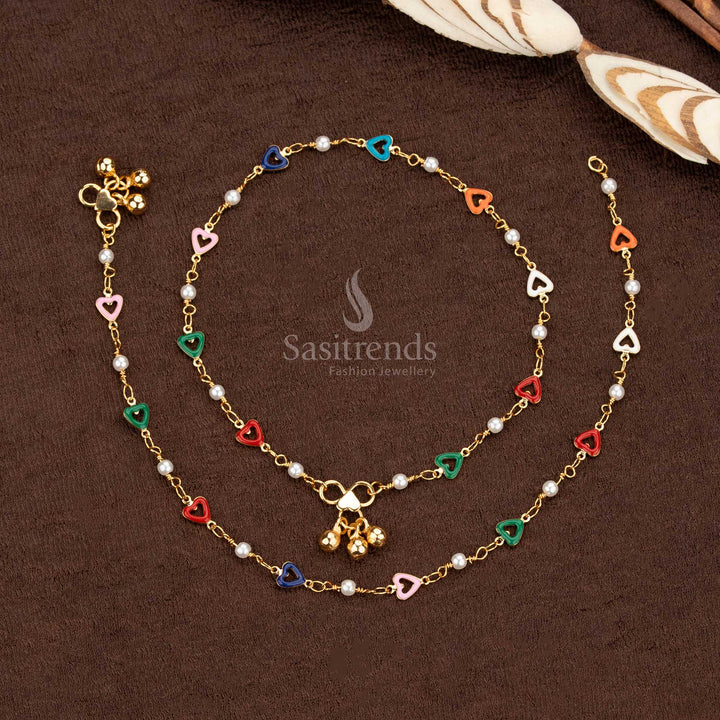 Gorgeous Micro Gold Plated Pearl and Multicolour Enamel Heart Anklets Pair  - Sasitrends