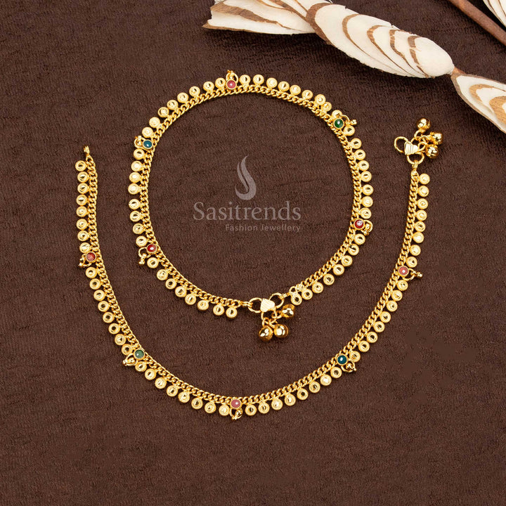 Stunning One Gram Micro Gold Plated Multi-Stone Floral Motif Traditional Anklets Set with Hanging Beads - Sasitrends