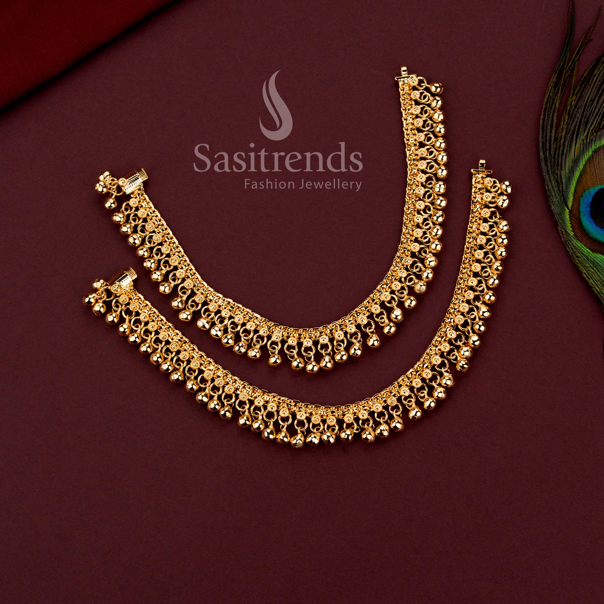 Royal Ghungroo micro gold plated traditional anklets featuring intricate ghungroo detailing and elegant traditional craftsmanship - Sasitrends.