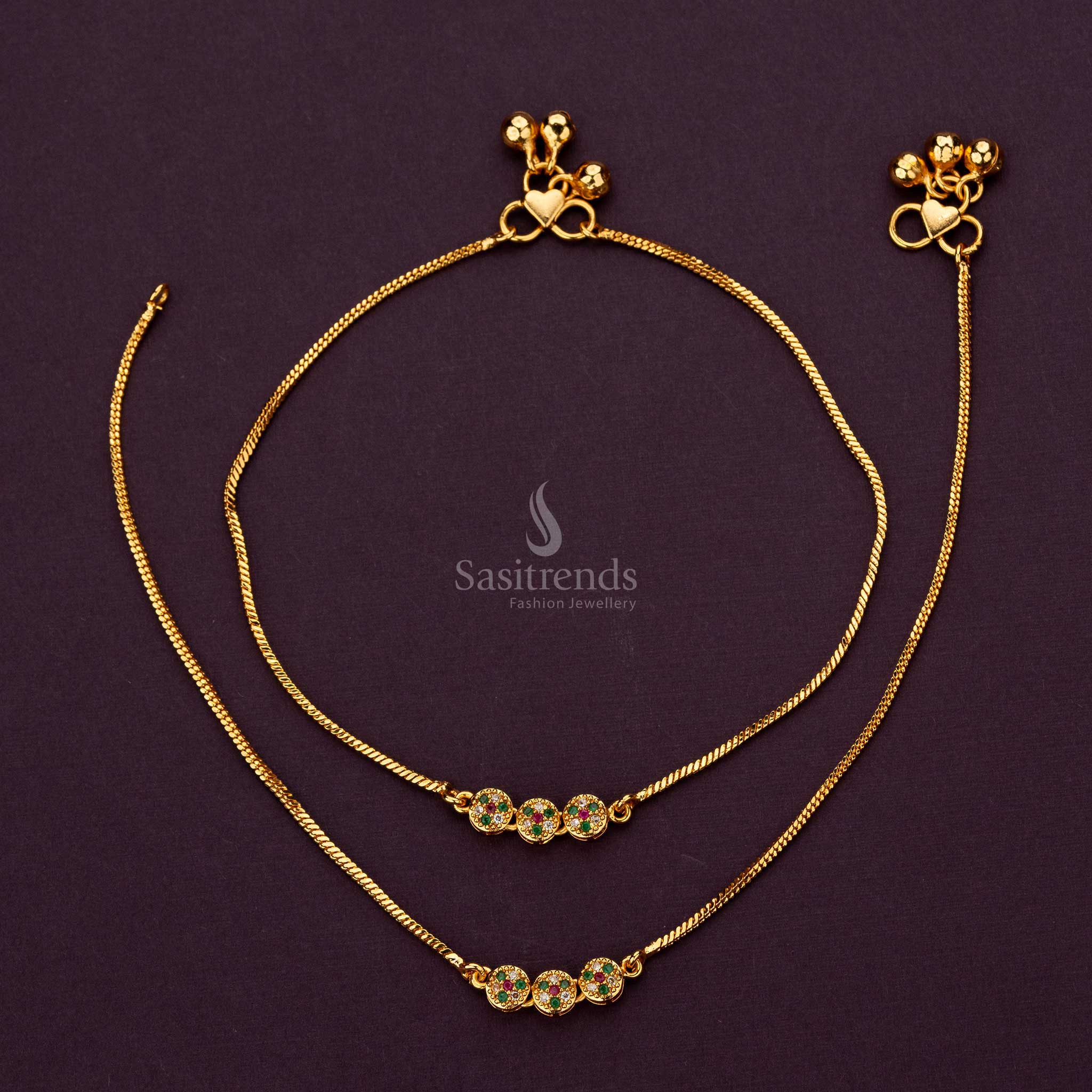 Elegant 3-Round Designer AD Stone Micro Gold Plated Anklets - Sasitrends - Sasitrends
