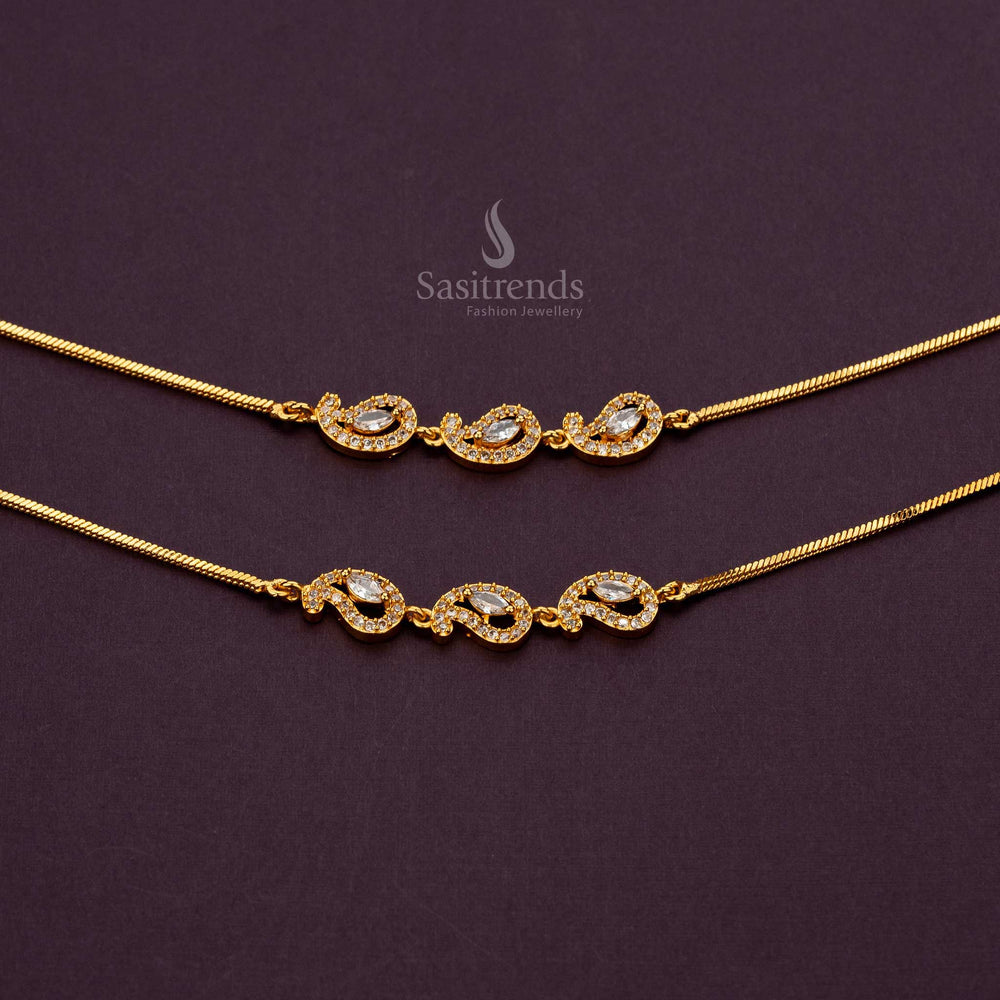 White AD Stone Studded Micro Gold-Plated Anklet with Paisley Design - Sasitrends