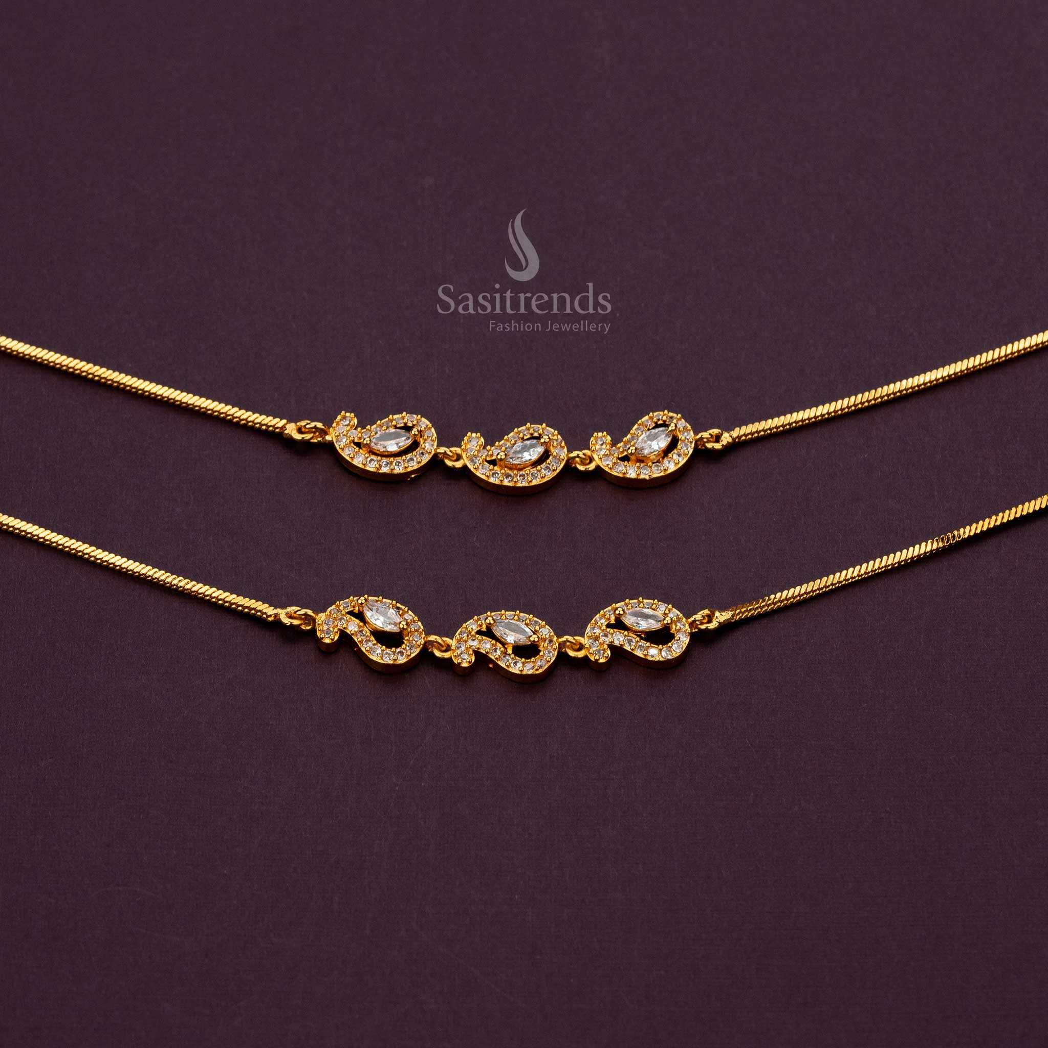 White AD Stone Studded Micro Gold-Plated Anklet with Paisley Design - Sasitrends