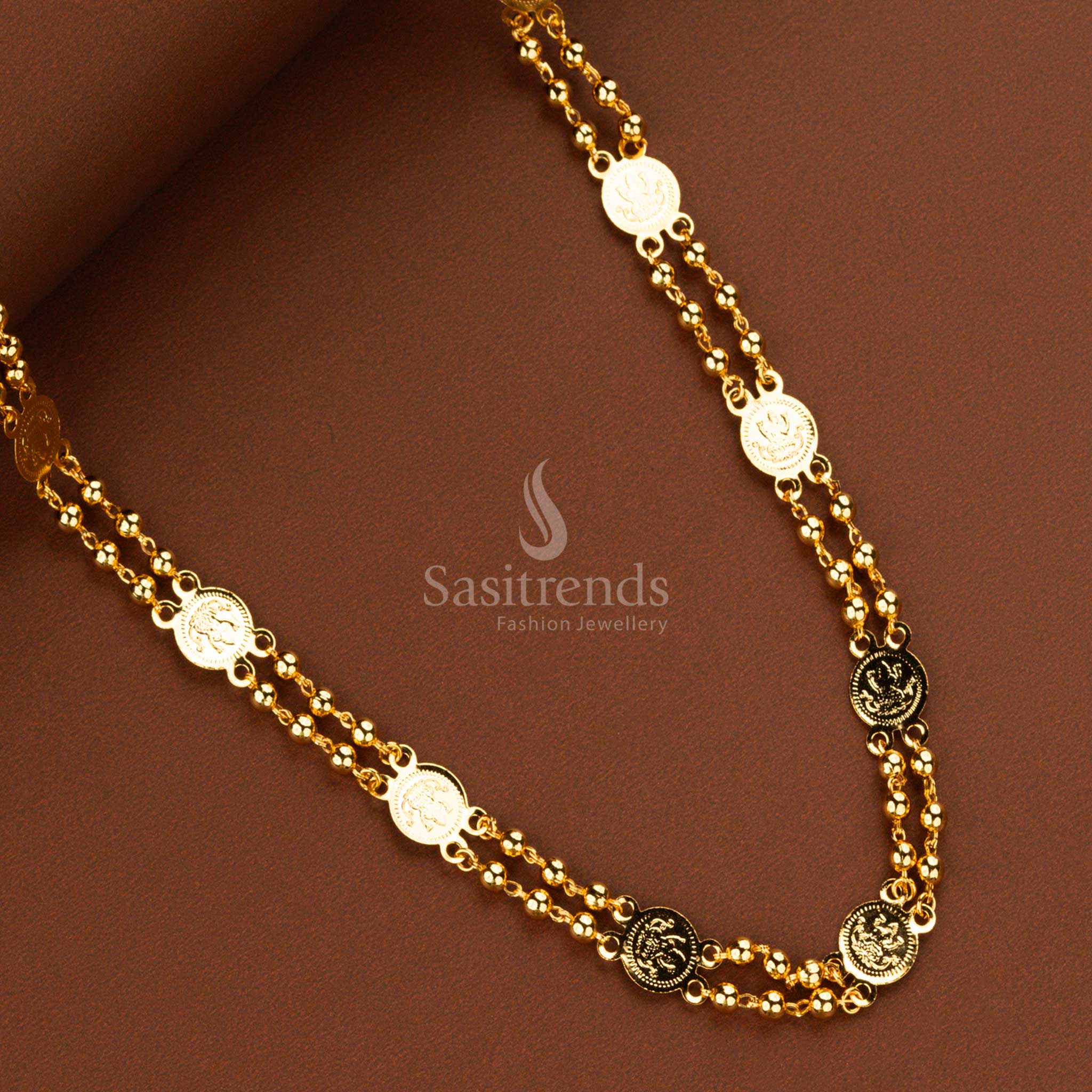 Elegant micro gold-plated Lakshmi coin chain with golden beads perfect for weddings and festivals - Sasitrends