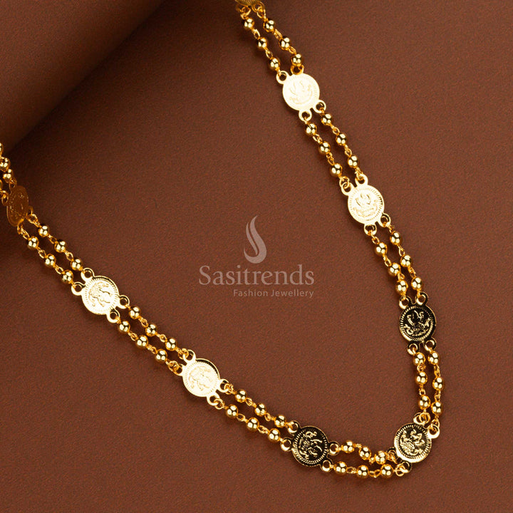Elegant micro gold-plated Lakshmi coin chain with golden beads perfect for weddings and festivals - Sasitrends