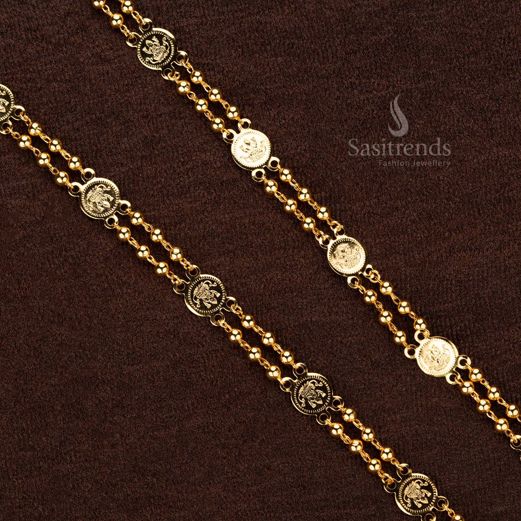 Elegant micro gold-plated Lakshmi coin chain with golden beads perfect for weddings and festivals - Sasitrends