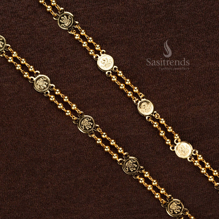 Elegant micro gold-plated Lakshmi coin chain with golden beads perfect for weddings and festivals - Sasitrends