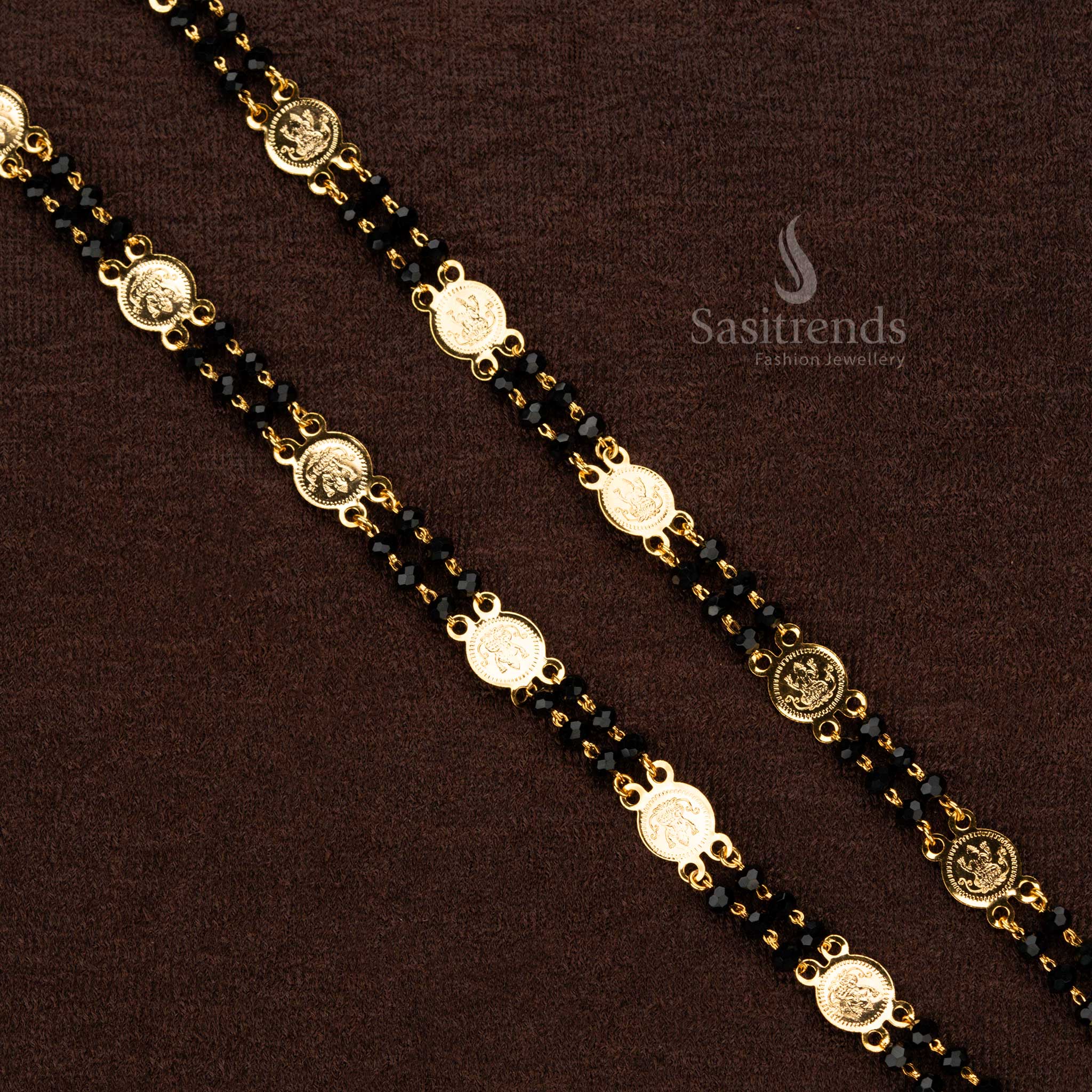 Two-layer Lakshmi coin temple chain with gold and black beads, micro gold plated for durability - Sasitrends