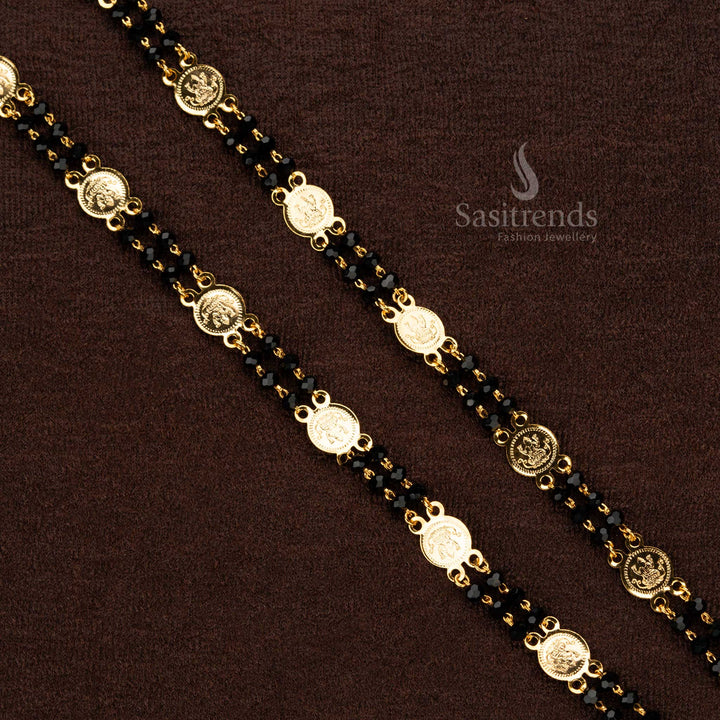 Two-layer Lakshmi coin temple chain with gold and black beads, micro gold plated for durability - Sasitrends