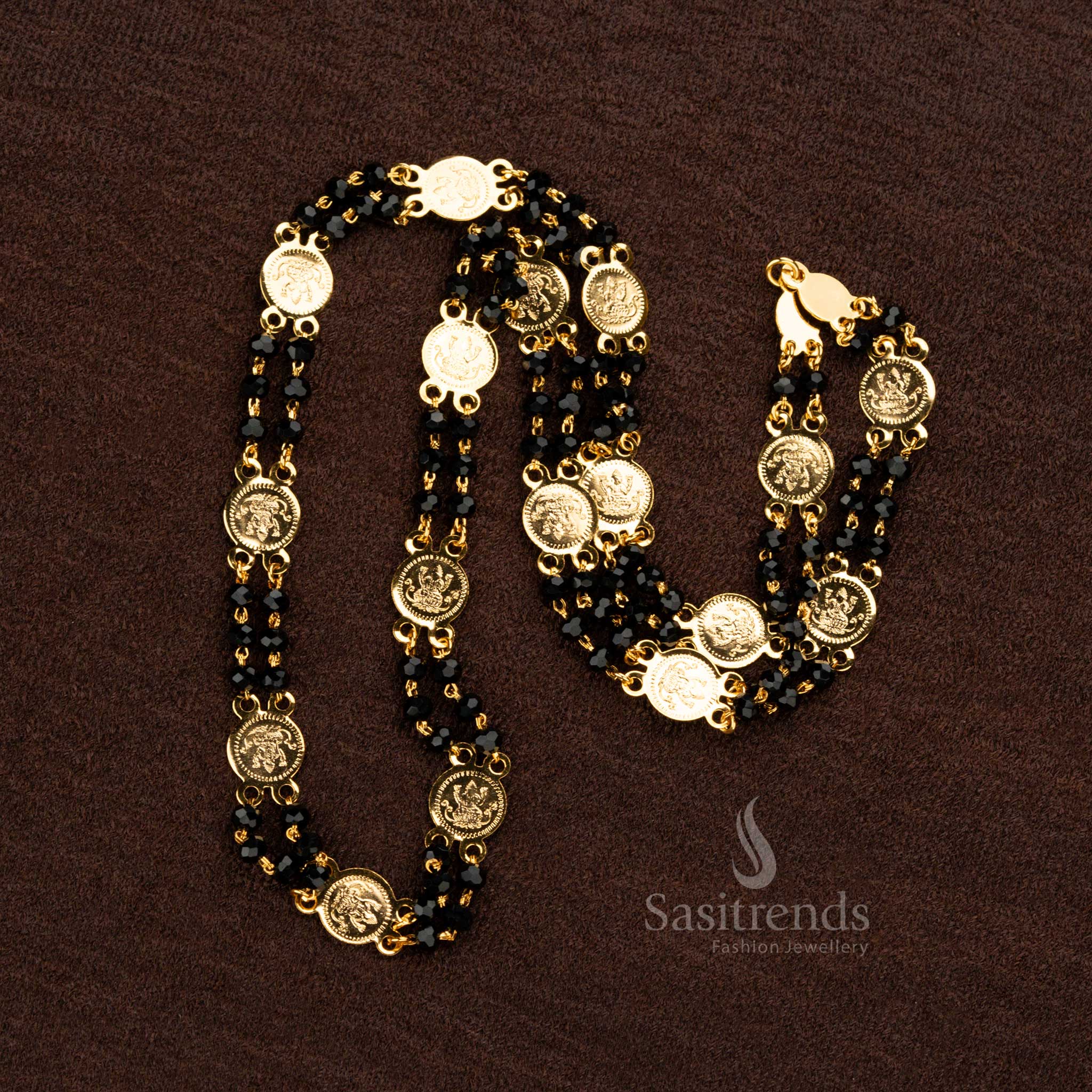 Traditional South Indian temple necklace with embossed Lakshmi coins and black beads - Sasitrends