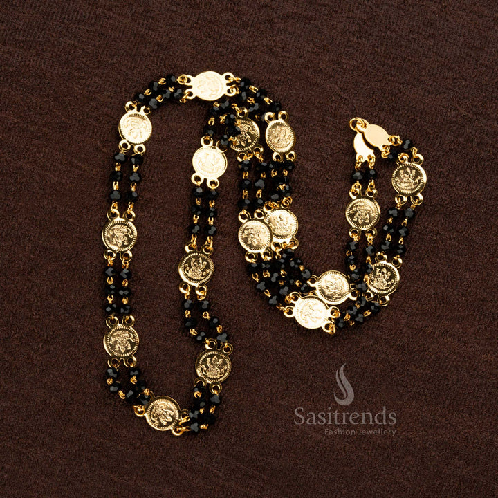 Traditional South Indian temple necklace with embossed Lakshmi coins and black beads - Sasitrends