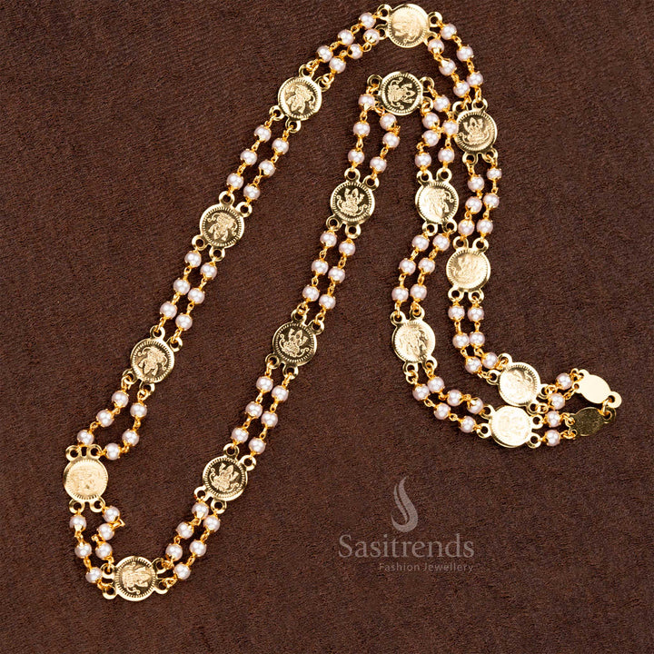 Micro gold plated Lakshmi coin chain adorned with delicate pearls, perfect for traditional wear - Sasitrends