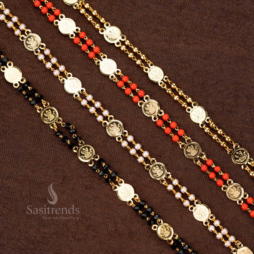 Lakshmi coin chain featuring pavalam ,pearl, black beads and gold micro gold plating, designed for ethnic occasions, guaranteed real gold look - Sasitrends