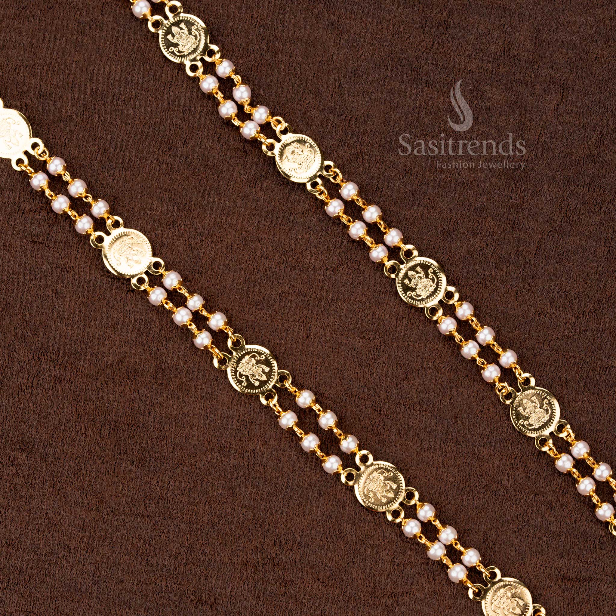 Elegant Lakshmi coin chain featuring micro gold plating and pearl accents, ideal for festive occasions - Sasitrends